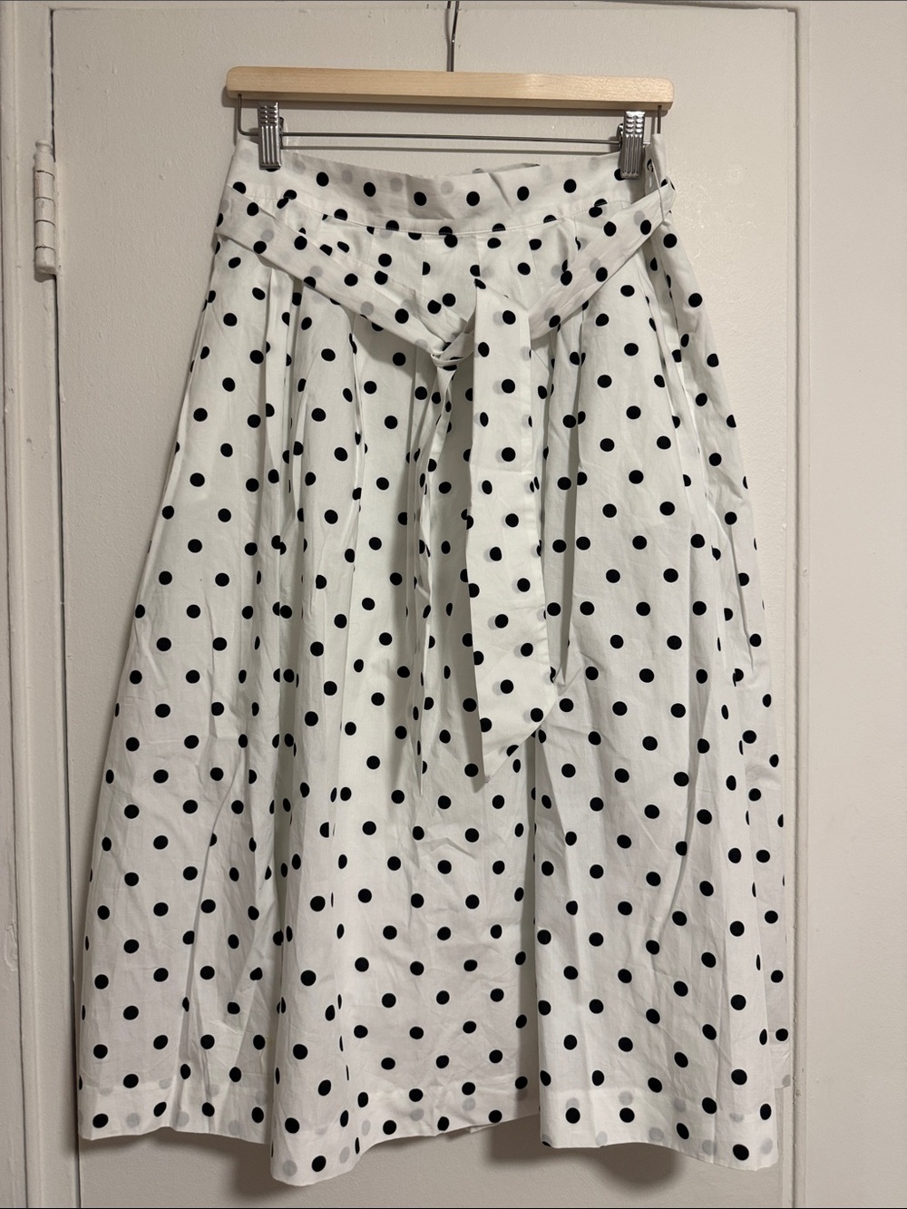Talbots White Polka Dot Midi Skirt with Waist Tie